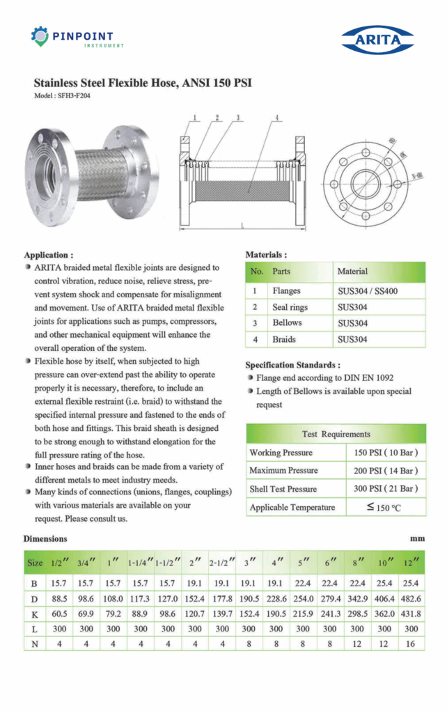 ARITA Stainless Steel Flexible Hose ANSI150