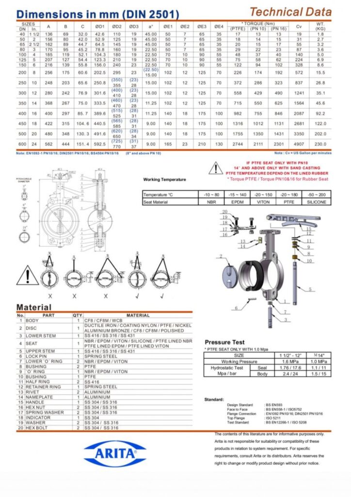 Butterfly Valve Cast Stainless Steel Arita วาล์วผีเสื้อสแตนเลส คันโยกและเกียร์ สำหรับงานอุตสาหกรรม