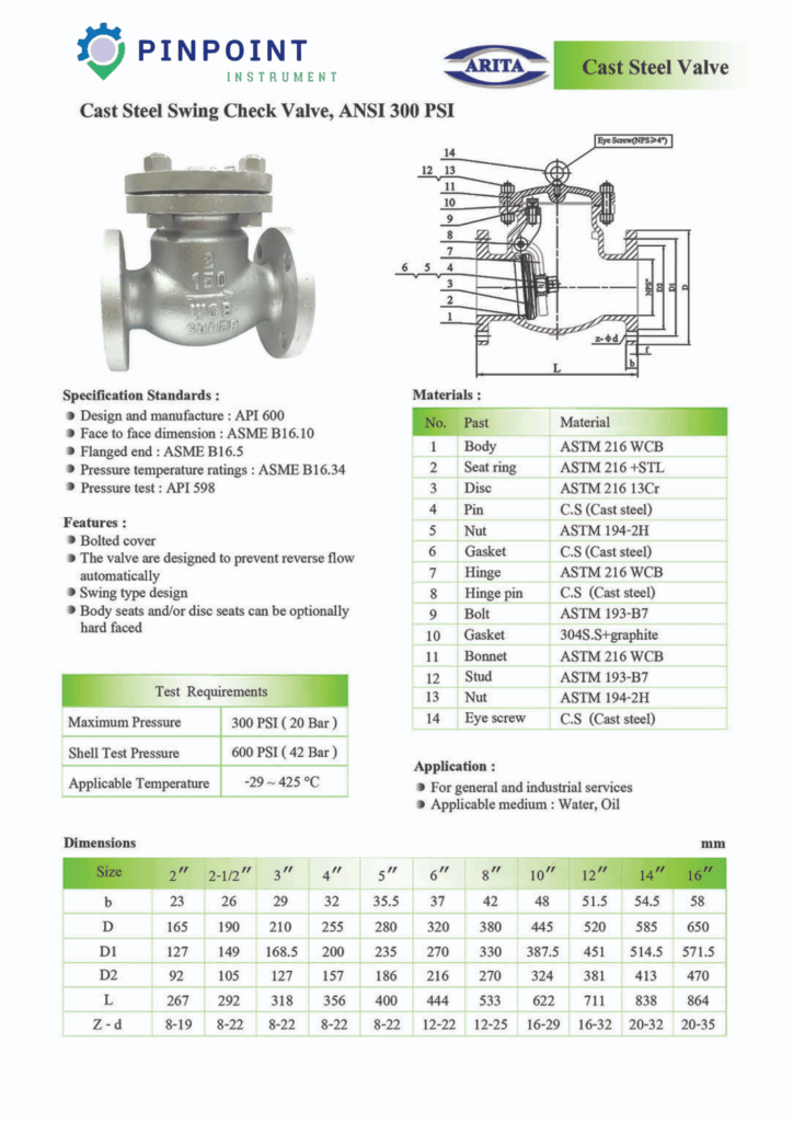 Swing Check Valve ANSI300 Cast Steel Arita วาล์วกันกลับสวิง เหล็กหล่อมาตรฐาน ANSI Class 300