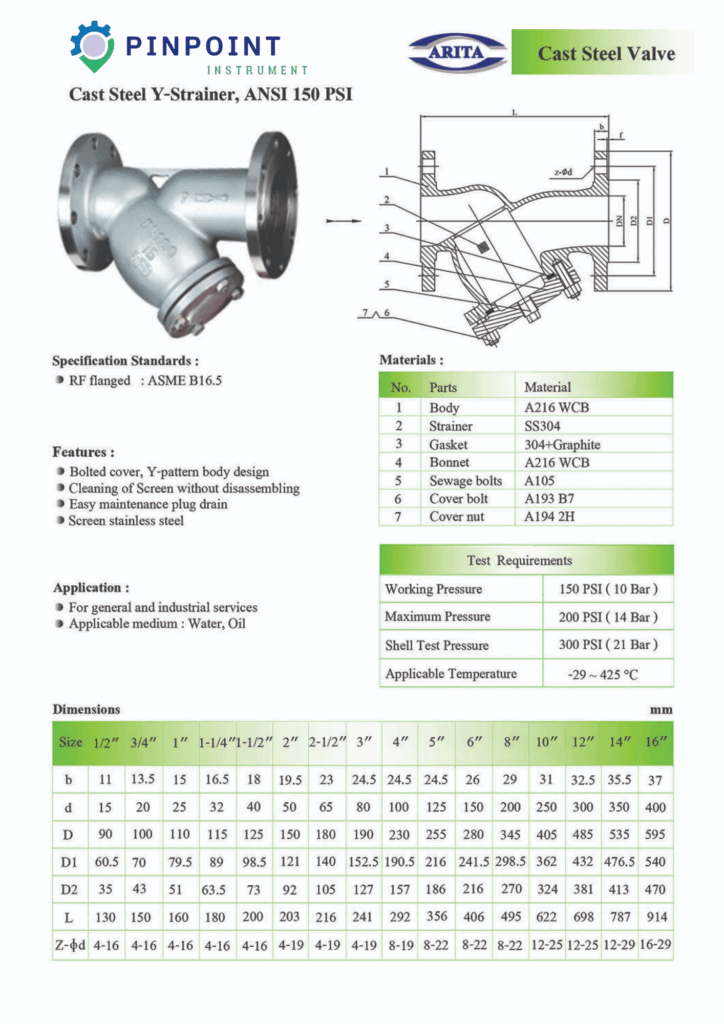 Y-Strainer ANSI150 Cast Steel Arita ตะแกรงกรองเศษในท่อ เหล็กหล่อมาตรฐาน ANSI